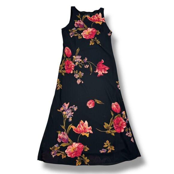 Vintage 90s Positive Attitude Floral Maxi Slip Dress Black Medium Glam Grunge - Picture 11 of 11